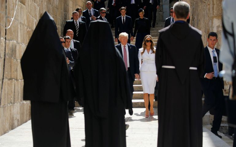 U.S. President Donald Trump and first lady Melania Trump, walk out of Jerusalem's Church of the Holy Sepulcher May 22. (CNS photo/Jonathan Ernst, Reuters)