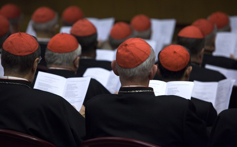 Cardinals gather Monday in the Synod Hall at the Vatican for the consistory of the canonizations of Giuseppe Vaz and Maria Cristina dell'Immacolata Concezione. At the consistory, Pope Francis also discussed the Middle East. (CNS/Maria Grazia Picciarella, pool) 