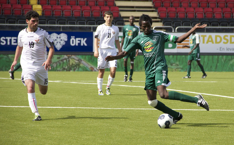 Saleh Abakar Yaya, Darfur United forward, during a match in Östersund, Sweden (Courtesy i-ACT)