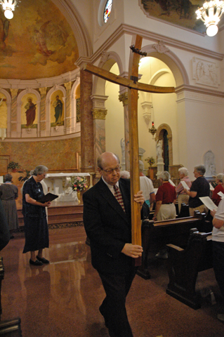 Dave Cox leads a recent post-Mass recessional in the Sisters of Providence Church of the Immaculate Conception at Saint Mary-of-the-Woods, Ind.