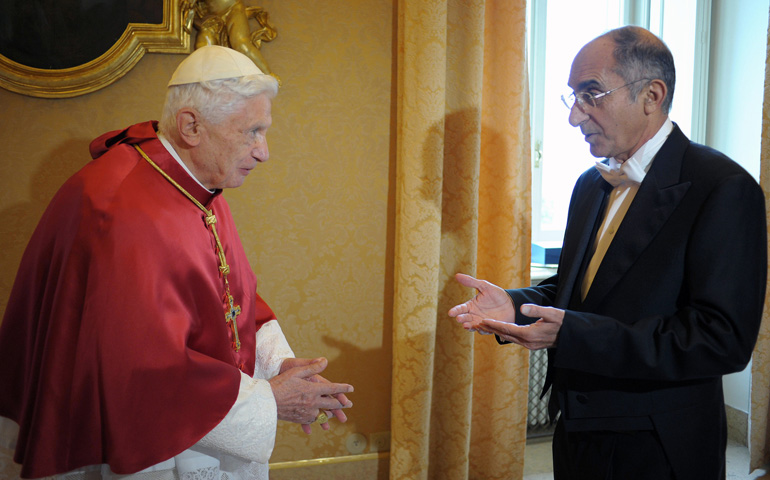 Pope Benedict XVI meets with Zion Evrony, Israel's ambassador to the Holy See, at the papal villa in Castel Gandolfo, Italy, Sept. 28, 2012. (CNS/L'Osservatore Romano) 