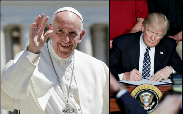 Left: Pope Francis in St. Peter's Square May 17 at the Vatican (CNS/Reuters/Max Rossi); right: President Donald Trump signs an executive order on "energy independence" March 28 at Environmental Protection Agency headquarters in Washington, D.C. (CNS/Reuters/Carlos Barria)