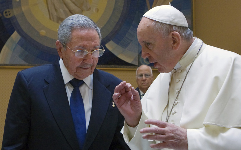 Cuban President Raul Castro talks with Pope Francis during a private audience Sunday at the Vatican. (CNS/Maria Grazia Picciarella, pool)
