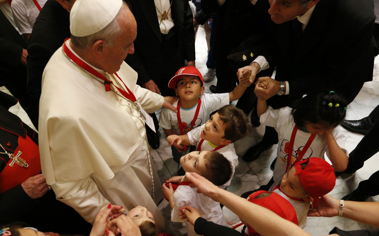Pope Francis meets children of Italian prisoners Saturday in Paul VI hall at the Vatican. (CNS/Paul Haring)