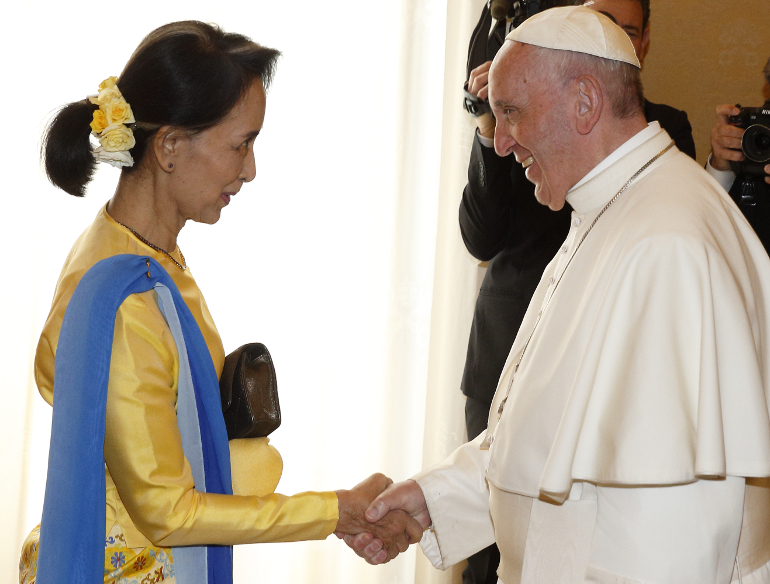 Pope Francis greets Aung San Suu Kyi, leader of Myanmar, during a private audience at the Vatican May 4. (CNS photo/Paul Haring) 
