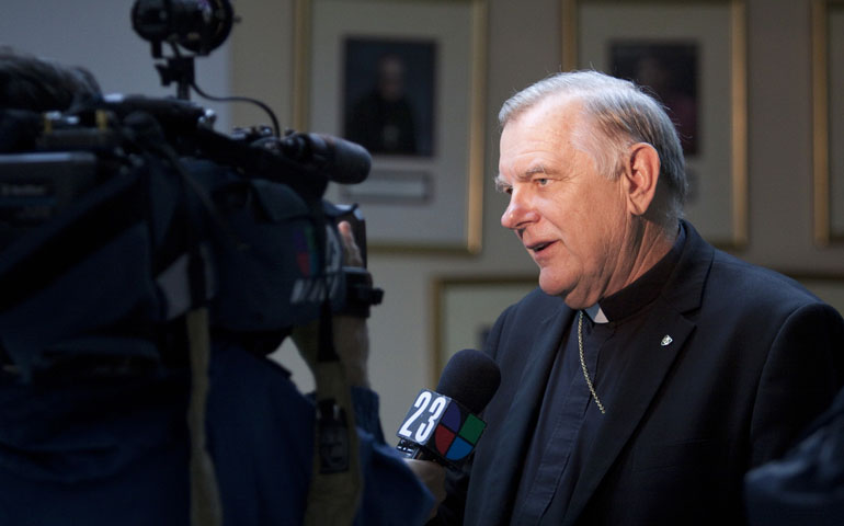 Archbishop Thomas G. Wenski of Miami speaks to the media during a press conference Friday to announce the Miami Archdiocese's decision to join in a lawsuit in federal court against the Health and Human Services contraceptive mandate. (CNS/Florida Catholic/Ana Rodriguez)