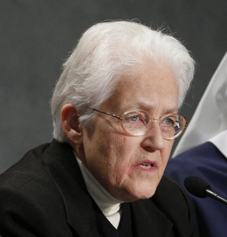 Sr. Sharon Holland, president of the Leadership Conference of Women Religious, speaks Tuesday at a Vatican press conference for release of the final report of a Vatican-ordered investigation of U.S. communities of women religious. (CNS/Paul Haring)