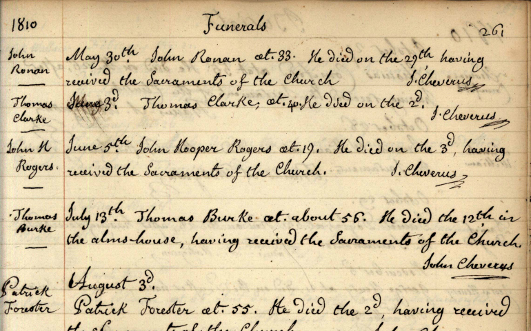 Early 19th-century funeral records from Holy Cross Parish in Boston (New England Historic Genealogical Society)