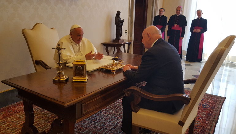 Pope Francis meeting June 23 with Fra’ Giacomo Dalla Torre del Tempio di Sanguinetto, the Lieutenant of the Grand Master of the Knights of Malta. (NCR photo/Joshua J. McElwee, pool)