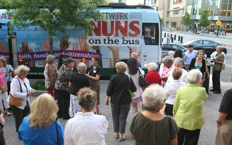 Women religious and their supporters gather in Charlotte, N.C., to greet the Nuns on the Bus in 2013. (CNS/Catholic News Herald/Patricia L. Guilfoyle)