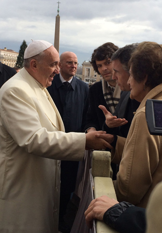 Pope Francis meets Philomena Lee, right, and actor Steve Coogan, second from right, during his general audience Wednesday in St. Peter's Square at the Vatican. (CNS/The Philomena Project handout via Reuters) 