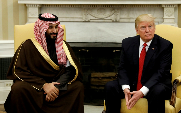 U.S. President Donald Trump, right, meets with Saudi Deputy Crown Prince and Minister of Defense Mohammed bin Salman in the Oval Office of the White House, March 14. (Newscom/Reuters/Kevin Lamarque)