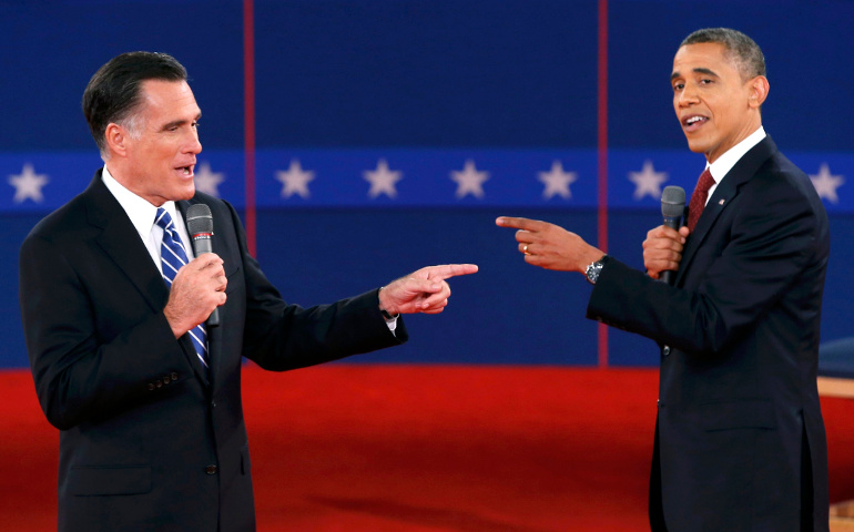 U.S. Republican presidential nominee Mitt Romney and U.S. President Barack Obama at the second U.S. presidential debate, held Tuesday at Hofstra University in Hempstead, N.Y. (CNS/Reuters/Mike Segar)