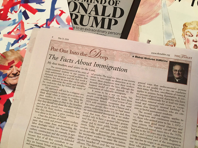 Bishop of Brooklyn Nicholas DiMarzio, in a column in his diocesan newspaper, seems to take direct aim at Donald Trump and his supporters by ripping “racist and xenophobic tendencies” in society and arguing that immigration in fact helps the economy. (RNS/David Gibson)