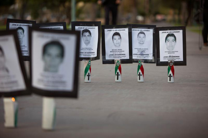 Images of college students who went missing in Mexico's Guerrero state are set outside the Arizona State Capitol in Phoenix by immigration reform advocates in this file photo from Nov. 20, 2014. (CNS photo/Nancy Wiechec)