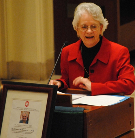 Franciscan Sr. Florence Deacon, president of the Leadership Conference of Women Religious, accepts the 2013 Isaac Hecker Award for Social Justice in Boston Jan. 26 (Photo courtesy of the the Sisters of St. Joseph of Boston/Sr. Joanne Gallagher)