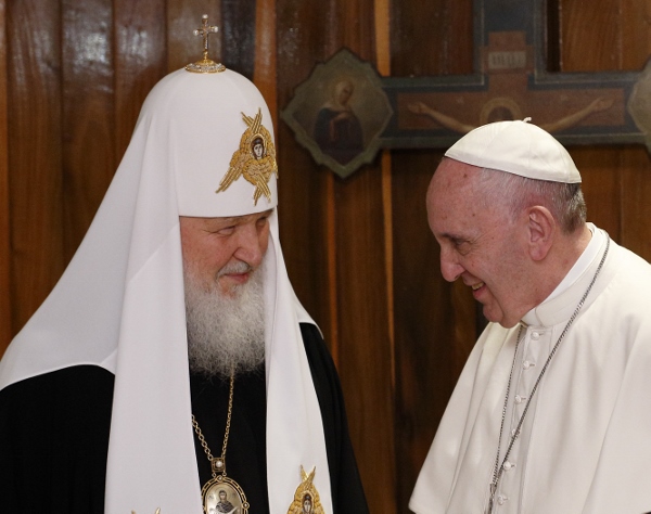 Russian Orthodox Patriarch Kirill of Moscow and Pope Francis met at Jose Marti International Airport in Havana Feb. 12. The pope was traveling to Mexico for a six-day pastoral visit. (CNS photo/Paul Haring) 