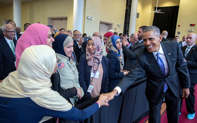President Barack Obama greets members of the audience after he delivers remarks at the Islamic Society of Baltimore mosque and Al-Rahmah School in Baltimore on Feb. 3. (The White House/Pete Souza)