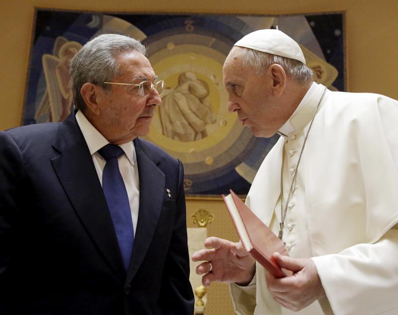 Pope Francis talks with Cuban President Raul Castro May 10 during a private audience at the Vatican, which played a key role in restoring U.S.-Cuban diplomatic ties. (CNS photo/Gregorio Borgia, EPA)