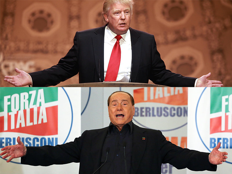 Donald Trump, top, speaks in National Harbor, Md., on March 6, 2014 (Gage Skidmore/courtesy of Flickr Commons). Silvio Berlusconi, bottom, speaks in Rome on May 10, 2016 (Photo courtesy of Reuters/Alessandro Bianchi)