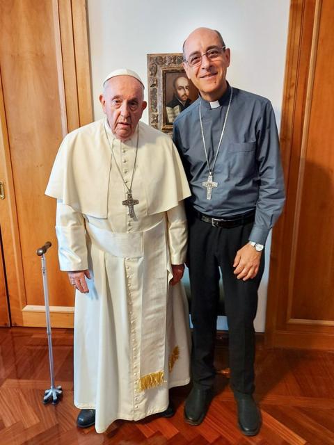 Cardinal-designate Víctor Manuel Fernández, appointed prefect of the Dicastery for the Doctrine of the Faith by Pope Francis July 1, is pictured with Pope Francis June 30 at the Vatican. Francis will elevate Fernández to the College of Cardinals during a special consistory at the Vatican Sept. 30. (CNS/Archbishop Víctor Manuel Fernández Twitter page)