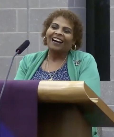 Helen Harris speaks about the synod at a St. Agnes Parish event in Shepherdstown, West Virginia, in March 2022. (NCR screenshot/YouTube/St. Agnes Catholic Church)