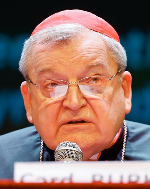 Cardinal Raymond Burke participates at a conference, "The Synodal Babel," in Rome Oct. 3. (CNS/Lola Gomez)