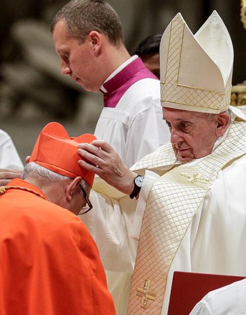 Cardinal Álvaro Ramazzini receives the red biretta from Pope Francis inside St. Peter's Basilica at the Vatican Oct. 5, 2019. (AP/Andrew Medichini, File)