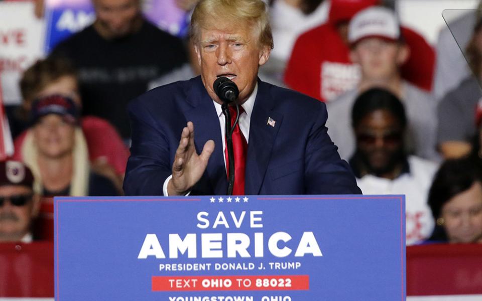 Former President Donald Trump speaks at a campaign rally in Youngstown, Ohio, Sept. 17. (AP/Tom E. Puskar)