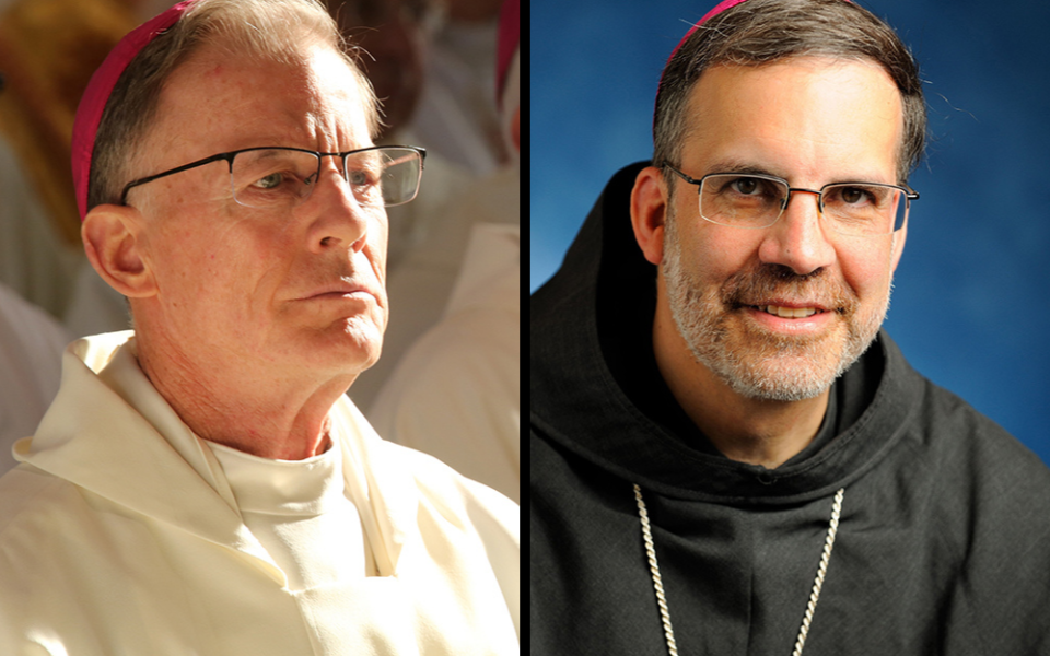 Santa Fe Archbishop John Wester, left, in a 2019 photo; Bishop John Stowe of Lexington, Kentucky, in a 2015 photo (CNS/Bob Roller; Stowe photo courtesy of Diocese of Lexington)