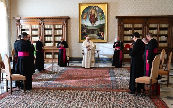 Pope Francis delivers his blessing during his general audience in the library of the Apostolic Palace at the Vatican Jan. 20, 2021. (CNS/Vatican Media)