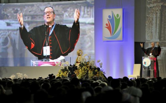 Los Angeles Auxiliary Bishop Robert Barron speaks at a session of the 51st International Eucharistic Congress in Cebu, Philippines, in 2016. (CNS/Katarzyna Artymiak)
