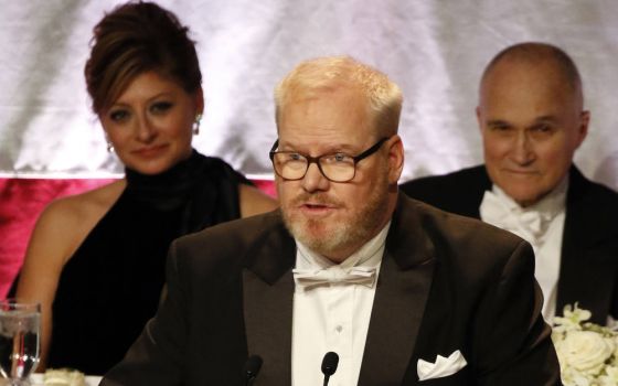 Comedian Jim Gaffigan serves as the master of ceremonies during the New York Archdiocese's 2018 Al Smith Memorial Foundation Dinner. (CNS/Gregory A. Shemitz)