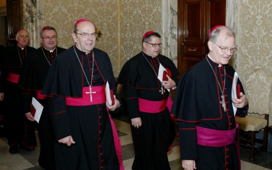 U.S. bishops from the state of New York walk through the Apostolic Palace after meeting Pope Francis at the Vatican Nov. 15. (CNS/Paul Haring)
