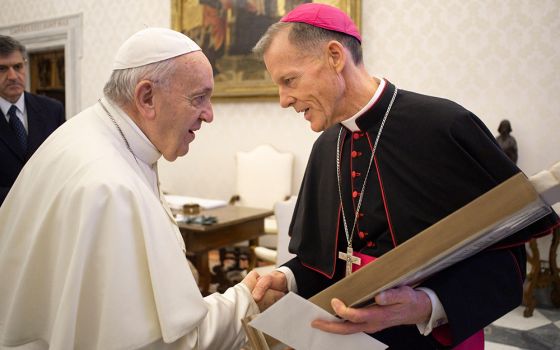 Pope Francis greets Archbishop John Wester of Santa Fe, New Mexico, during an audience with U.S. bishops making their "ad limina" visits to the Vatican Feb. 10, 2020, to report on the status of their dioceses. (CNS/Vatican Media)
