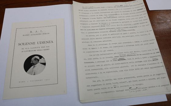 Handwritten corrections by Pope Pius XII are pictured on his text for a Dec. 3, 1944, audience with employees of Italian broadcaster RAI. The text was among materials from his pontificate on display for journalists in the Vatican Apostolic Archives at the