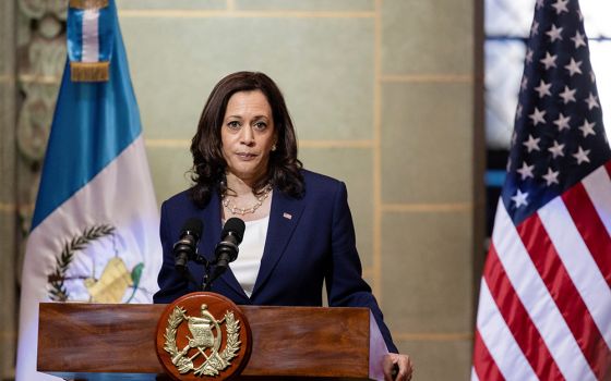 U.S. Vice President Kamala Harris addresses a news conference held with Guatemalan President Alejandro Giammattei June 7 in Guatemala City. "Do not come. Do not come," Harris said in a message to would-be asylum-seekers. "The United States will continue t