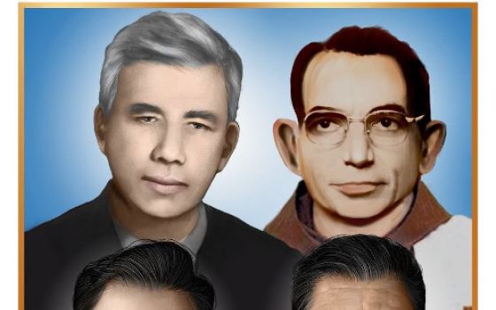 Here is the official portrait of four Salvadorans set for beatification in El Salvador Jan. 22, 2022. Top row: Jesuit Fr. Rutilio Grande and Franciscan Fr. Cosme Spessotto. Bottom row: Nelson Lemus and Manuel Solórzano. (CNS illustration)