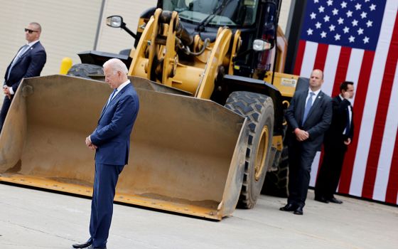 President Joe Biden is seen before delivering remarks on infrastructure investments at the International Union of Operating Engineers Local 324 training facility in Howell, Michigan, Oct. 5. (CNS/Reuters/Jonathan Ernst)