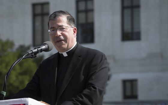 Father Frank Pavone, national director of Priests for Life, speaks in front of the U.S. Supreme Court in Washington Oct. 1, 2019. 