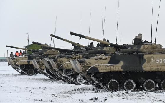 Russian armored vehicles are seen during drills in Rostov, Russia, Jan. 27, 2022. (CNS photo/Sergey Pivovarov, Reuters)