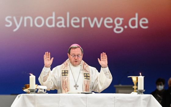 Bishop Georg Bätzing, president of the German bishops' conference, celebrates Mass during the third Synodal Assembly in Frankfurt Feb. 4, 2021. (CNS photo/Julia Steinbrecht, KNA)