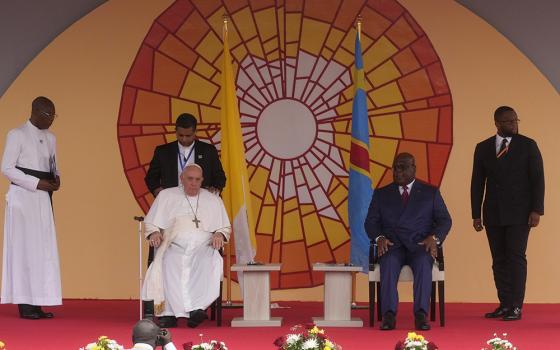 Pope Francis, left, meets authorities, civil society and diplomatic corps in the garden of the Palais de la Nation with President of the Democratic Republic of the Congo Félix-Antoine Tshisekedi Tshilombo, Jan. 31 in Kinshasa, Democratic Republic of the Congo. (AP photo/Gregorio Borgia)