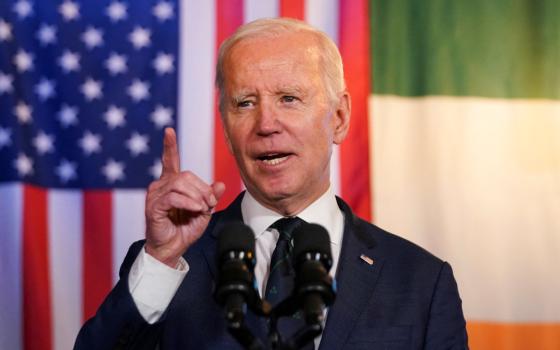 U.S. President Joe Biden speaks in a pub in Dundalk, Ireland, April 12, 2023. Biden is in Ireland to mark the 25th anniversary commemorations of the "Good Friday Agreement." (OSV News photo/Kevin Lamarque, Reuters)