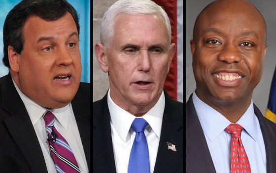 Former New Jersey Gov. Chris Christie; former Vice President Mike Pence; and Sen. Tim Scott, R-South Carolina, are pictured in this photo composite. (CNS photos/Courtesy of NBC/William B. Plowman; J. Scott Applewhite, Pool via Reuters; Courtesy of U.S. Senate Photography)