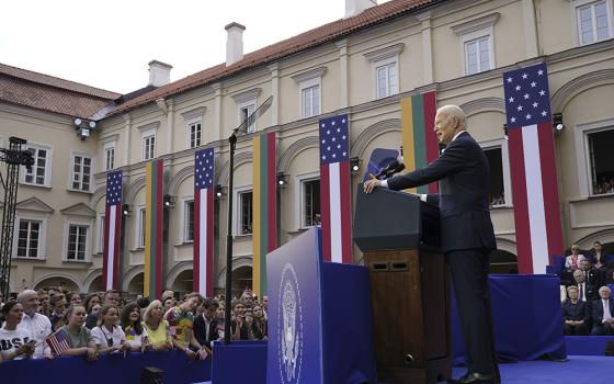 U.S. President Joe Biden speaks at Vilnius University in Vilnius, Lithuania, July 12 after attending the NATO summit. (AP/Susan Walsh)