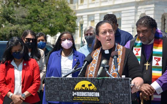 Poor People’s Campaign co-chair the Rev. Liz Theoharis speaks during the announcement of a new resolution titled “Third Reconstruction: Fully Addressing Poverty and Low Wages From the Bottom Up,” May 20, 2021, on Capitol Hill in Washington. (RNS/Jack Jenkins)