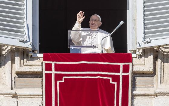 Pope Francis waves to the crowd gathered in St. Peter's Square at the Vatican to pray the Angelus with him Dec. 17. (CNS/Pablo Esparza)