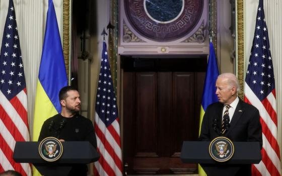 U.S. President Joe Biden and Ukrainian President Volodymyr Zelenskyy hold a joint new conference at the White House in Washington Dec. 12. The Biden administration advanced a deal affecting border policy in exchange for military funding to Ukraine, which is close to running out, as well as to Israel and Taiwan. (OSV News/Reuters/Leah Millis)