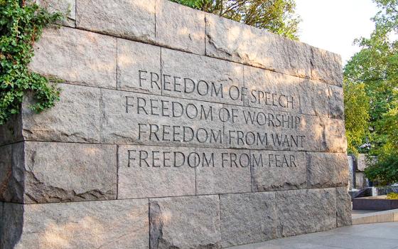 The "Four Freedoms" are displayed on the Franklin Delano Roosevelt Memorial in Washington, D.C. (Wikimedia Commons/Michael Kranewitter)